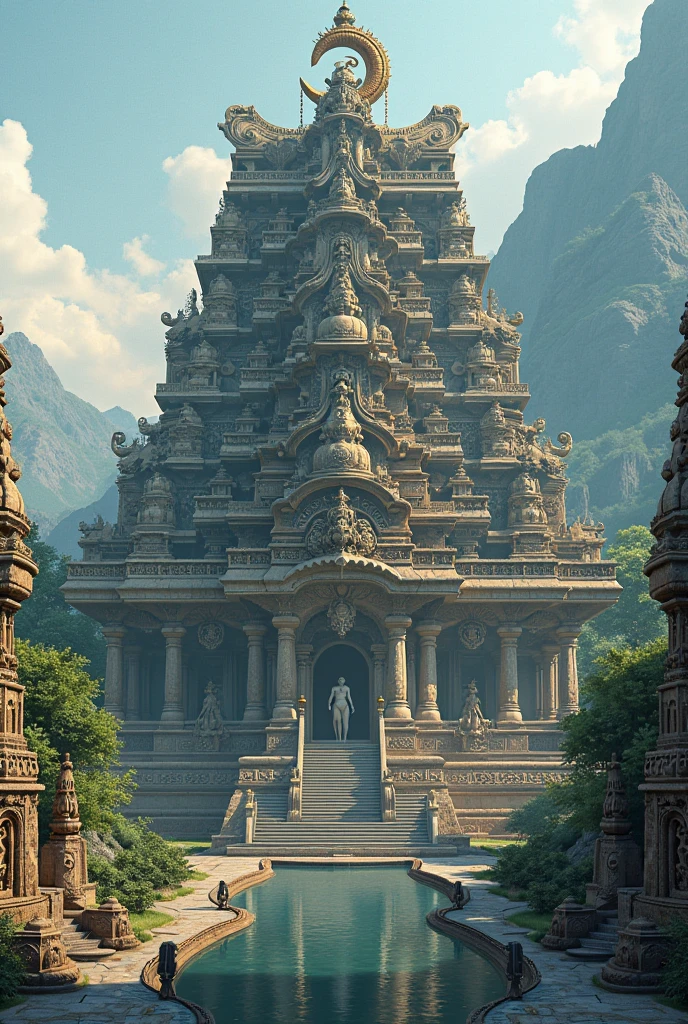 Indian dystopian tample,stone carved gods . Green vally