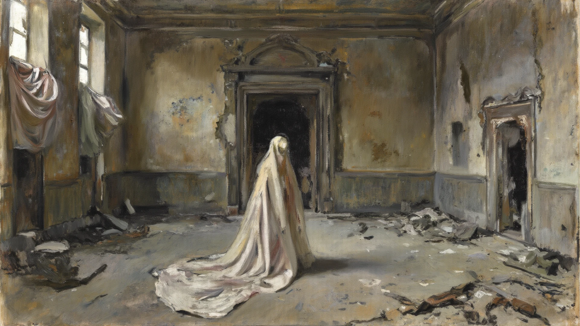ghostlystyle, (ghost, spirits), (ghostly hair), (oil painting), Emma Watson, medium shot, (palms pressed against canvas), ghostly body, ghostly clothes, (detailed clothes), ghost in background, spirit energy, trapped in a haunted oil painting, hyperrealism, ghostly, trapped, (screaming), peter mohrbacher, pierre terblanche, trending on artstation,