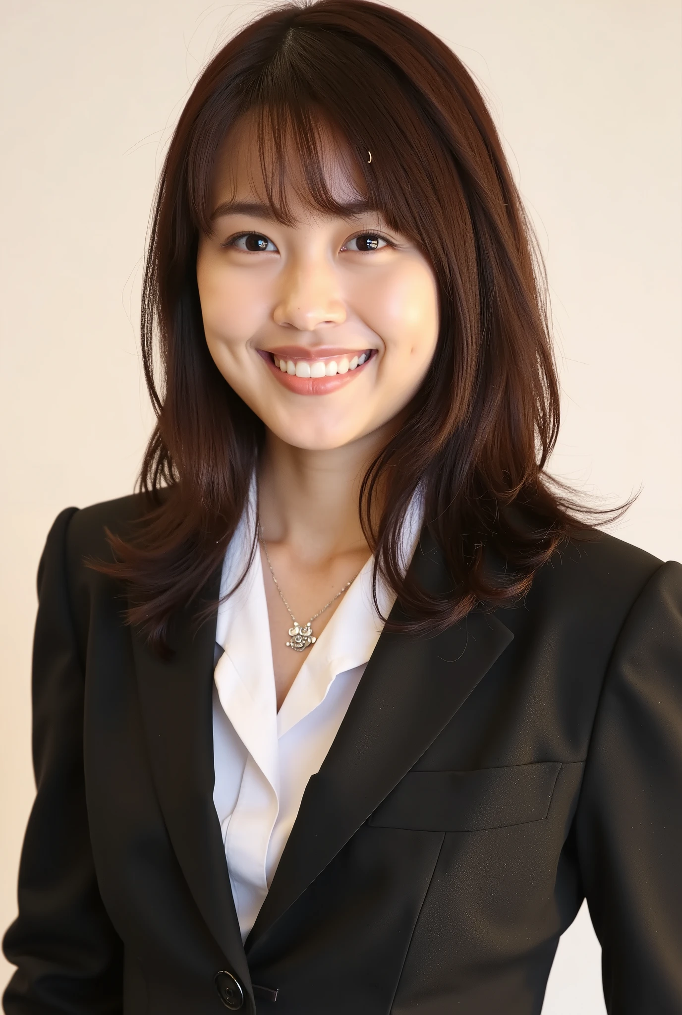Neat Young Woman、and look at the camera、office lady suit、jacket、shirt、necklace、ear piercing、、smile showing teeth、背景はオフィス