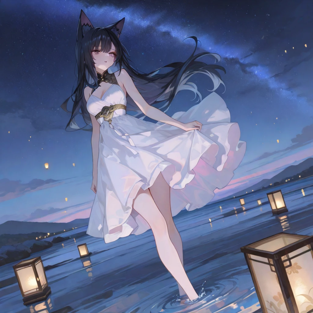 sunset, milky way, sea, nature, starry sky, makoto shinkai, beautiful, masterpiece, moon, beautiful girl, dress, fox ears, fox tail