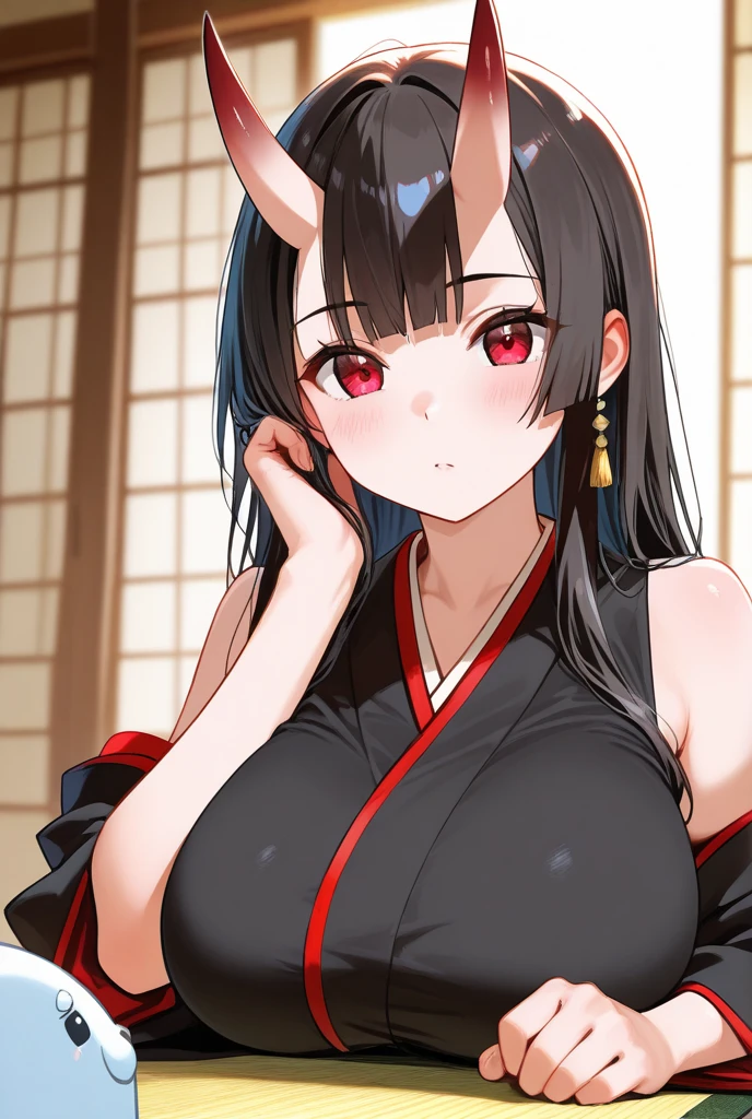 a naked anime girl with big boobs poses for photo shoot in red kimono, 1girl, breasts, solo, nipples, smile, long hair, miko, black hair, japanese clothes, red eyes, hakama, bow, looking at viewer, red bow, large breasts, red hakama, hakama skirt, grin, hair bow, collarbone, hair ornament, bare shoulders,  wide sleeves, off shoulder, skirt, breasts out, hairclip, long sleeves