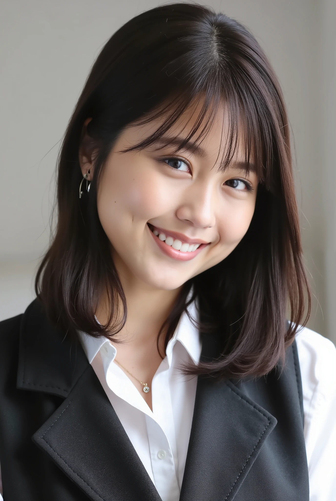 Neat Young Woman、and look at the camera、office lady suit、jacket、shirt、necklace、ear piercing、、smile showing teeth、背景はオフィス