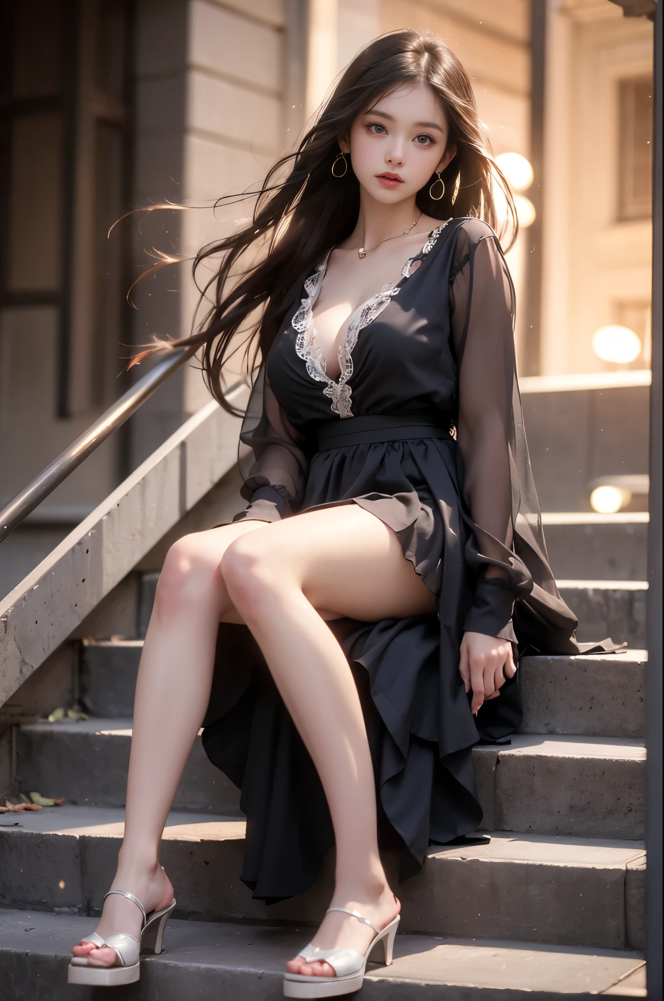 masterpiece, Best of quality, Eyeliner, Eyeshadow, Looking at the audience, Curvy beauty, (full-body shot) of (dollienobodysd15:0.8) Wear (Party Costumes:1.2), 1 Girl, Unique, Long hair, soft breasts, giggle, Sleeveless, Bangs, blush, Garment cutting, Long hair, Glossy skin, Square outdoor seating, partly cloudy, Upper Body, Super detailed, illustration, 
