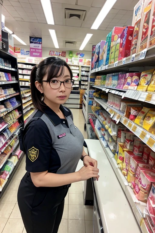 (onoff,side-by-side photo,split screen),(masterpiece:1.4), (best quality:1.4) ,8K,cinematic lighting,((best quality)), (masterpiece) , (realistic shadow) , (depth of field),(intricate details:1.4), 1girl,Japanese,(Brown mideum wave hair with asymmetrical bangs:1.3),Happy smiling face,(Slender body:1.4),hairy pussy,konbini, scenery, shop,convinience store,food, indoors,LAWSONU, employee uniform, uniform,id card, striped, shirt, pants, standing,