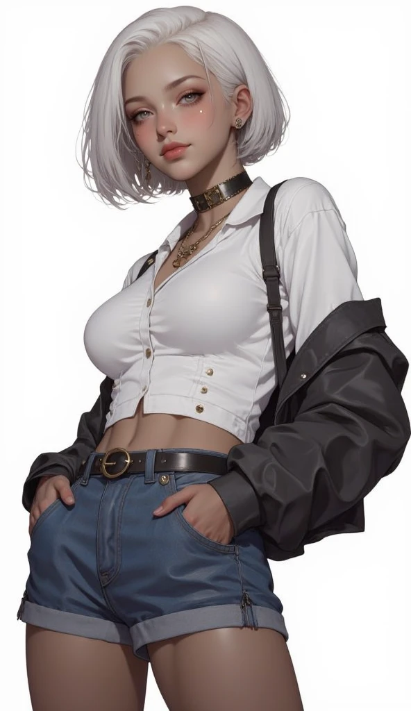 score_9, score_8_up, score_7_up, score_6_up, score_5_up, score_4_up, ashe, overwatch, very thin hips, big breasts, sexy, button down shirt, heel boots, open topwear, red eyes, sideboob, standing, looking at viewer, 
