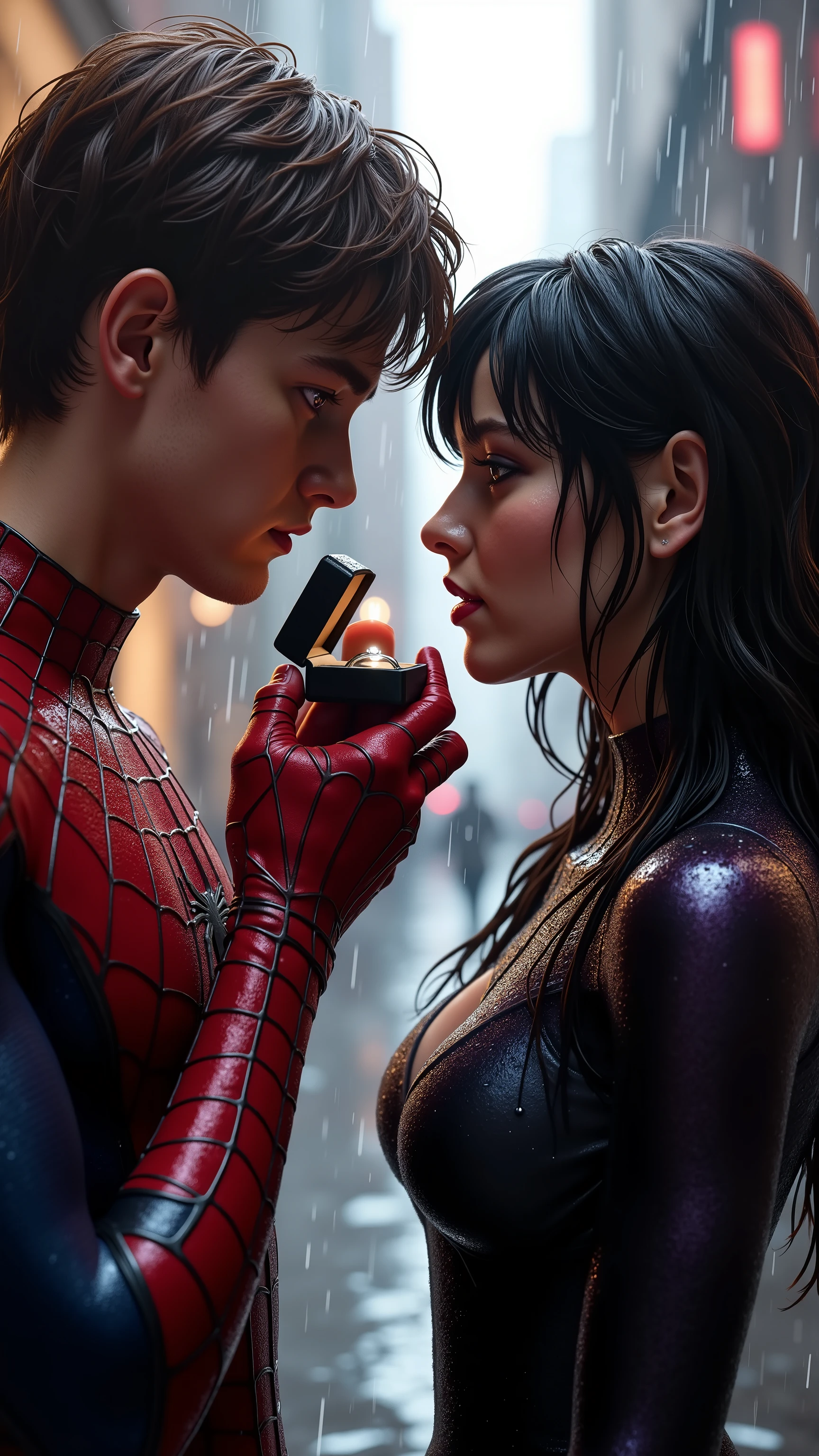 Spider-Man,Peter Parker,A hyper-realistic, cinematic close-up scene set in a quiet city alley during a light midday rain. The world is drenched but glowing — the wet pavement reflects soft white daylight, and the raindrops shimmer like falling diamonds. In the center of this serene chaos: Spider-Boy and Cat-Girl, both seventeen, both breathless, standing inches apart.
Spider-Boy’s red-and-navy suit clings to his lean frame, soaked through, gleaming with every curve. Water streaks across his face; his brown hair is plastered to his forehead. His mask is pushed halfway up, revealing sharp cheekbones and trembling lips. His eyes, deep blue and fixed on hers, burn with nervous fire. One of his gloved hands reaches out, holding a small, rain-speckled ring box — open. The ring inside glows softly, nestled in black velvet, catching the rain like a prism.
Cat-Girl stands opposite, in a sleek black-violet suit that hugs her like liquid silk, dripping with rain. Her chest rises fast, her breath caught. Her long hair, soaked and clinging to her cheeks, frames a face full of shock and wonder. One hand touches her own lips; the other reaches forward but stops mid-air, fingers curled. Her dark eyes shimmer with held-back tears, pupils wide with disbelief.
Rain runs down their faces, merges with emotion. A single drop lands on the ring, sliding off. The world fades — blurred outlines of buildings, puddles around their boots, soft splashes. Behind them: light. Not dramatic sunset, but soft, honest daylight breaking through mist. Raindrops fall on their shoulders, their suits gleam like fresh paint, like they're made of stories.
Neither speaks. Their fingers twitch. The silence between them screams with intensity. And in that moment — suspended in rain and light — they are not . They are two souls colliding.
Tags: rainy proposal, cinematic emotion, glossy superhero suits, love in silence, comic-book realism, hyper-detailed, wet shine, quiet tension