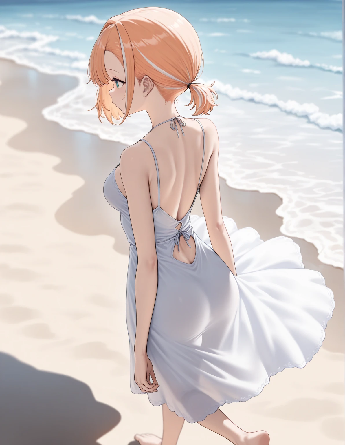 (best quality,4K,8K,highres,masterpiece:1.2), Ultra-detail, random pose, from behind,takami chika, 比基尼, slightly excited and smile, Shanks, Cowboy-shot, Hair decoration, Sea in the background,wet