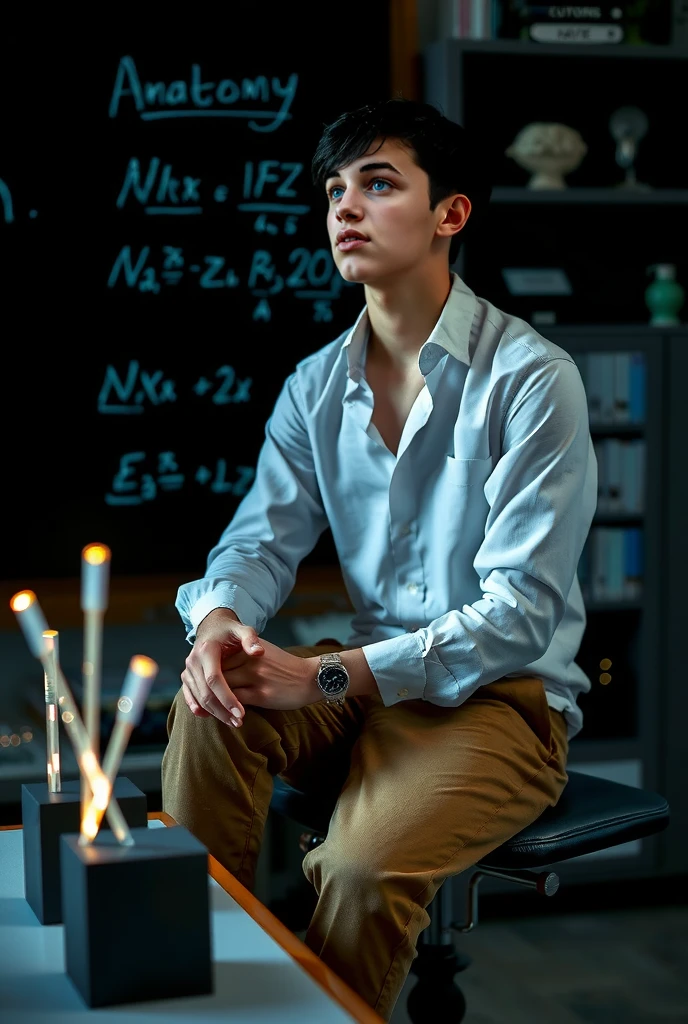A beautiful young man, a cute male twink, with black hair, a face with reddish make-up, wearing a bright white long-sleeved shirt and aqua blue pants. He is in his office, and behind him is a blackboard on which is written the shape of the brain and its anatomy, and nuclear energy emerges from it, and in his hand is a magic wand.
