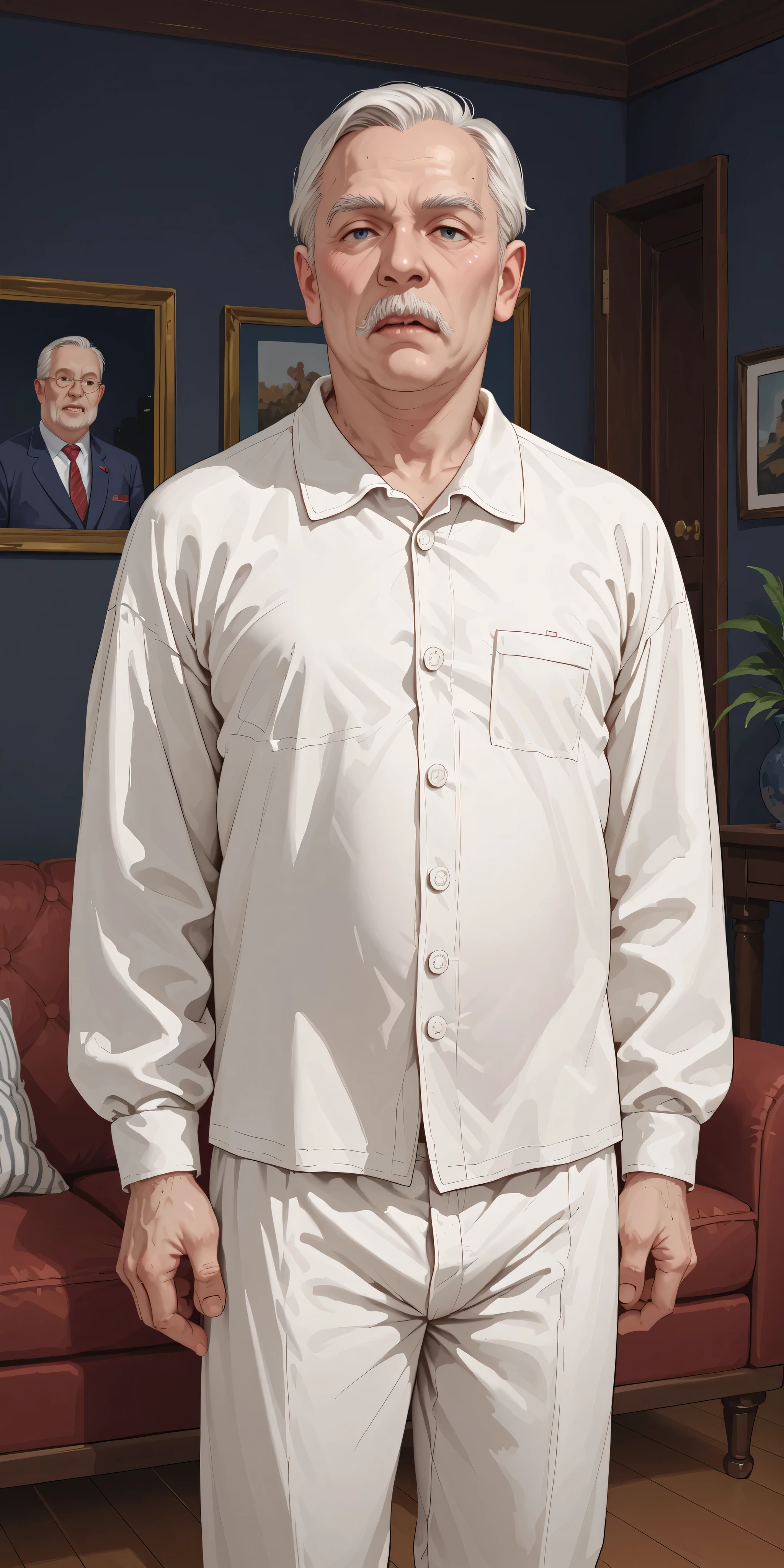 ((Dark room:1.7, living room)) old man, wearing white matching pajamas
