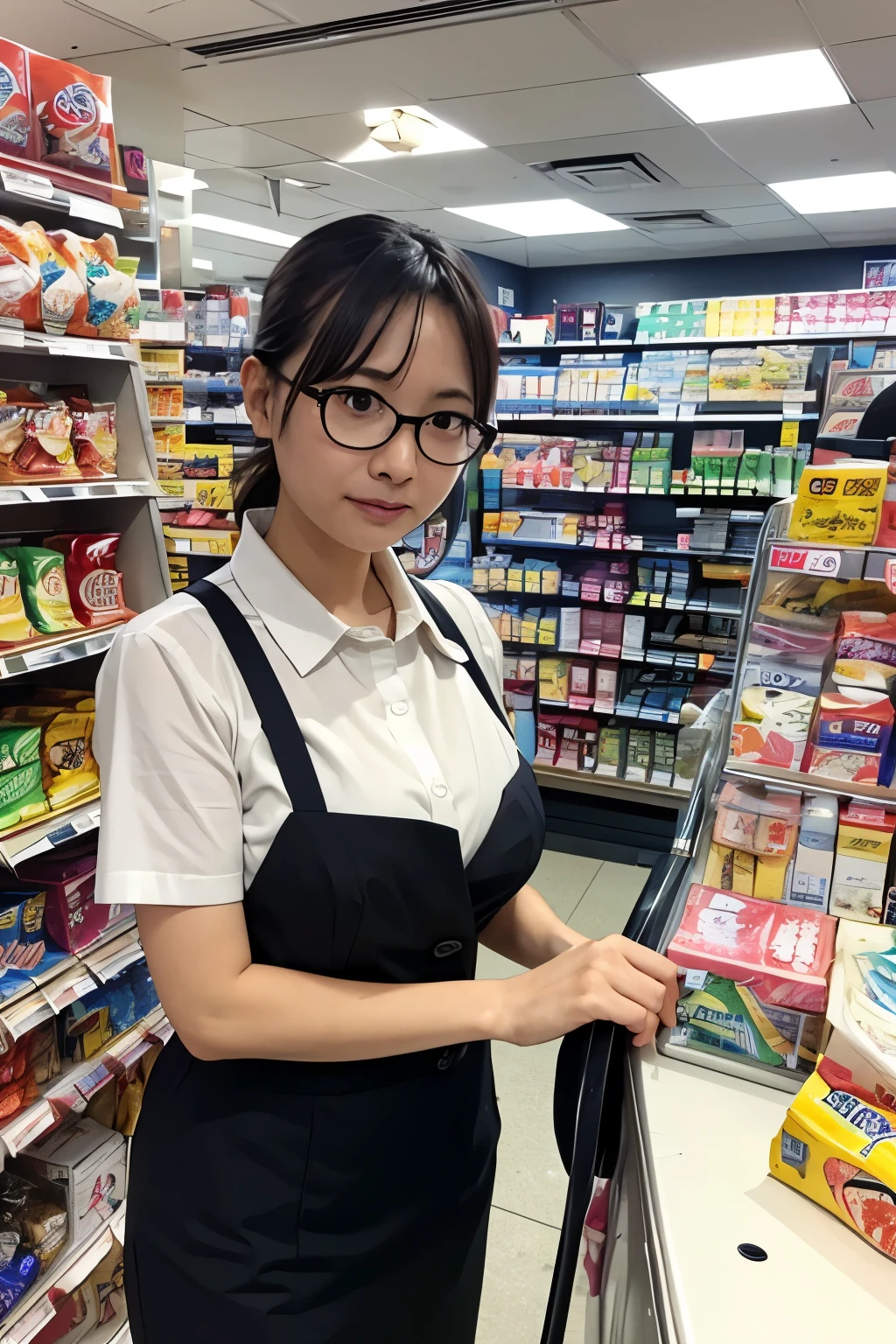 48 years old、Japanese Women、face、round face、brown hair、Slightly gray hair、wearing round glasses、Long face、the gills are slightly stretched、Narrow eyes、Dark eyebrows、short bob、Side Ponytail、C-cup bust、convenience store clerk、Displaying products wearing convenience store uniforms、(Looking at the target from outside the window 1:1.8)、Late Night、It's pitch black outside、I can see the parking lot、the car is not stopped、High Quality、anatomically correct posture、Supreme Masterpiece、