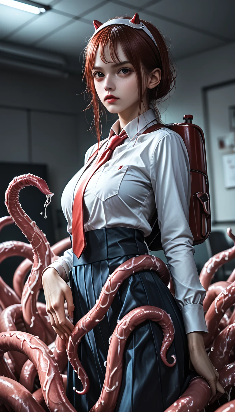 Big Breasts、Black Hair Shortcut Hair、Sunburned skin、high school student、uniform、huge tentacles、rape、The button on the chest comes off、White fabric bra and panties
