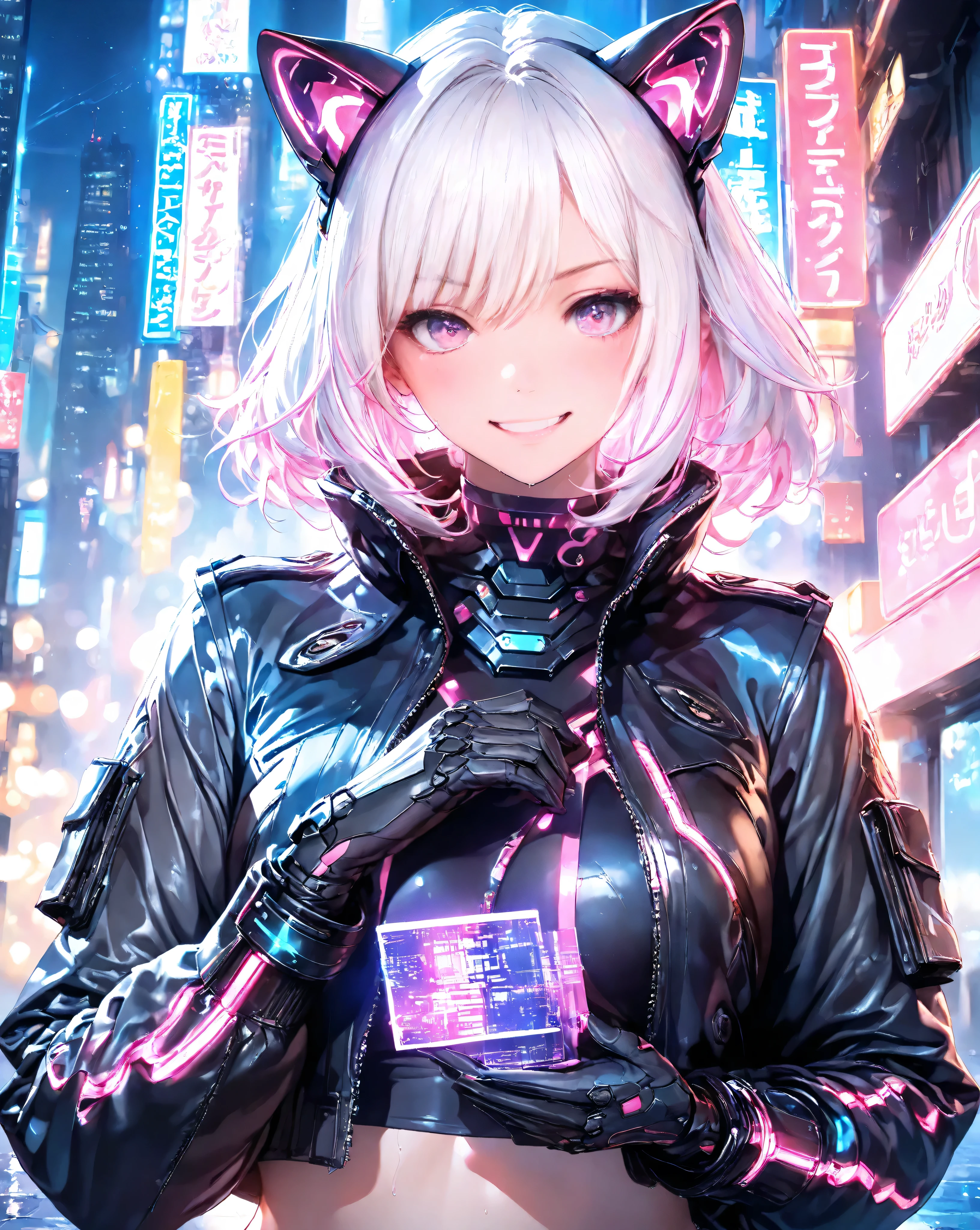 Quality:(Score_9), (masterpiece, detailed:1.2), (ultra-detailed), (ultra-quality), (super-resolution), (detailed-background)

Art Style:(photorealistic):1.4, (2.5D):1.5, (realistic lighting):1.3, (realistic texture):1.2, cinematic lighting, volumetric lighting, ray tracing, depth of field, neon glow, cyberpunk lighting, vibrant pastel color palette, dramatic angle

Subject (Foreground):
(close-up), (upper body),(Breathtaking 20-Year-Old Fairy Cat Bounty Hunter Woman):1.5, (triumphant-grin):1.4,(determined expression), vivid eyes, delicate and moisturized lips, smooth and Slender body lines, translucent and moisturized skin, graceful knee lines, natural and beautiful leg lines, delicate body contours,
(detailed-skin-texture):1.3,
(platinum hair with neon highlights):1.2, shimmering with digital light, meticulously detailed strands of hair, silky smooth texture, flowing like it flutters in the wind, natural shading and highlights,
(cyber cat ears):1.2, emitting faint holographic glows,
(mechanical cat tail):1.2, with visible intricate circuitry and a subtle hum,
(cyberware from which the fox tail emerges):1.2, subtly pulsating with light,
(natural and graceful hand pose):1.3, (perfect human hands):1.2, (anatomically correct hands):1.2, hands based on realistic human body structure, transparent fingertips, clearly defined joints, detailed expression of the fingers, 
(dynamic action pose):1.3, 

Outfit:(cyberpunk techwear):1.6, (belly-exposing crop top):1.6, (black leather jacket with neon glowing lines):1.5, (short-sleeved black leather jacket):1.4, (harness and straps):1.3, (armored gloves):1.3, (futuristic combat boots):1.3

Background (Midground & Background):
(cyberpunk cityscape street level):1.6, (neon lit city street), (futuristic buildings), (subtle glowing holographic advertisements), (light rain on wet pavement), (steam from street vents), (distant skyscrapers), (empty street), (calm cityscape), (depth of field:1.2), (bokeh foreground)