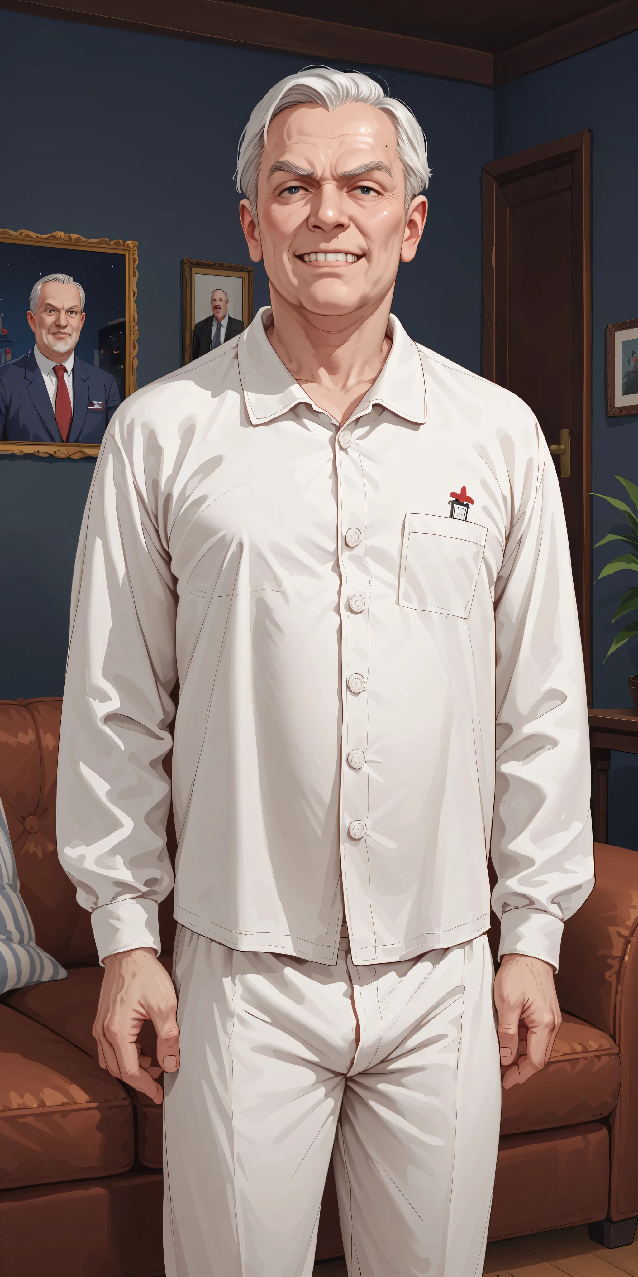((Dark room:1.7, living room)) old man, wearing white matching pajamas, smirking