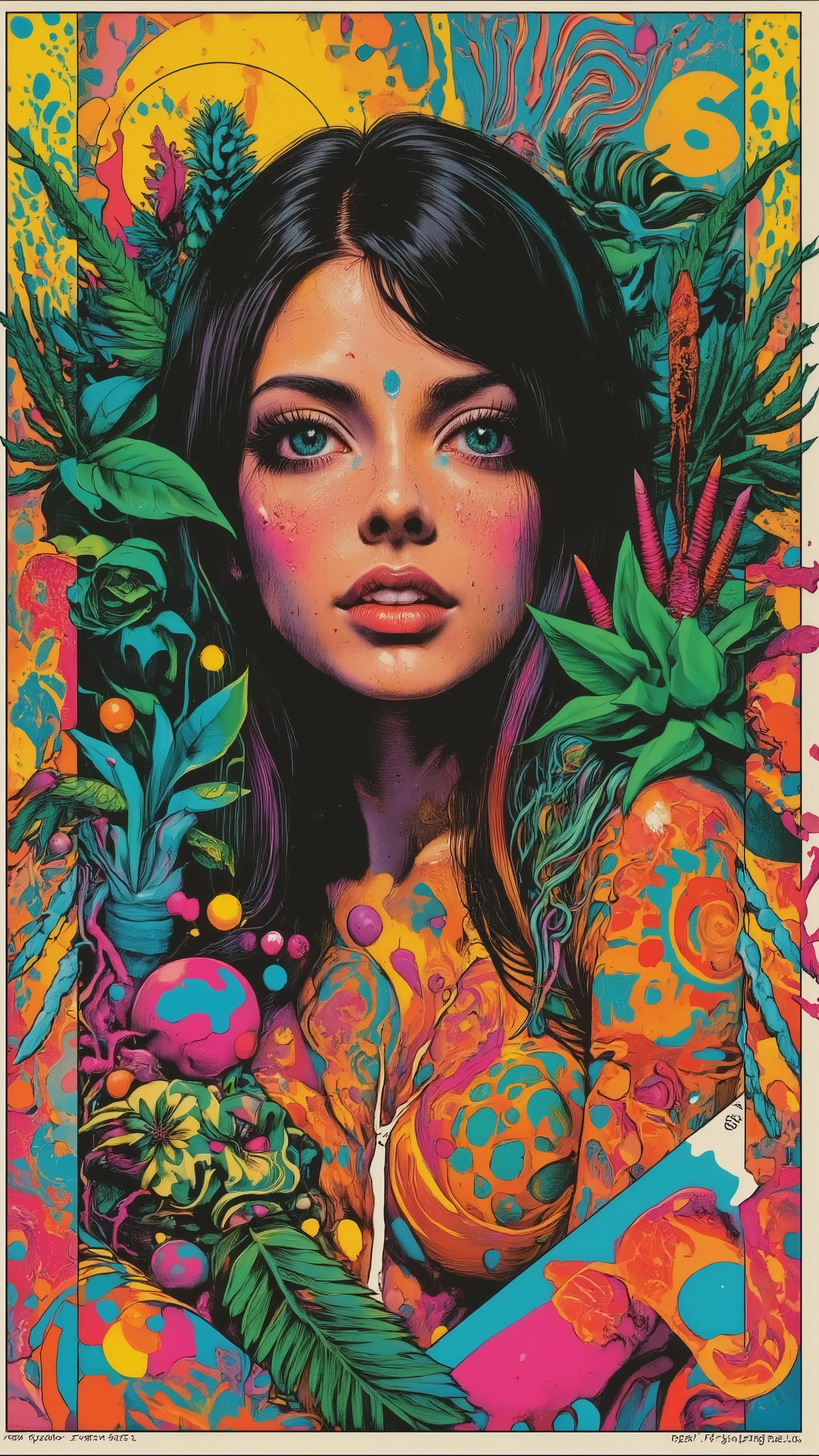 girl face,green plants,symbol,green,dynamic pose,dynamic angle,abstract patterns,60's psychedelic poster, ,pop art,Trippy Lalaland,60s psychedelic,