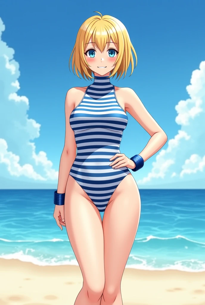 flat chest,swimming wear,short hair,girl, (full face brasched:1.3),beach,EROGE,beautiful background,shiny skin,seeing viewer with little smile,blonde hair,angel wing,super fine illustration,masterpiece,ultra quality,super detailed,best quality,highly quality,8k,8k quality,cute cute cute,loli ,Happy Happy Happy,thick eyebrows,slender,in 8k,perfect face,perfect body,lighting effect,anime style,cheek,