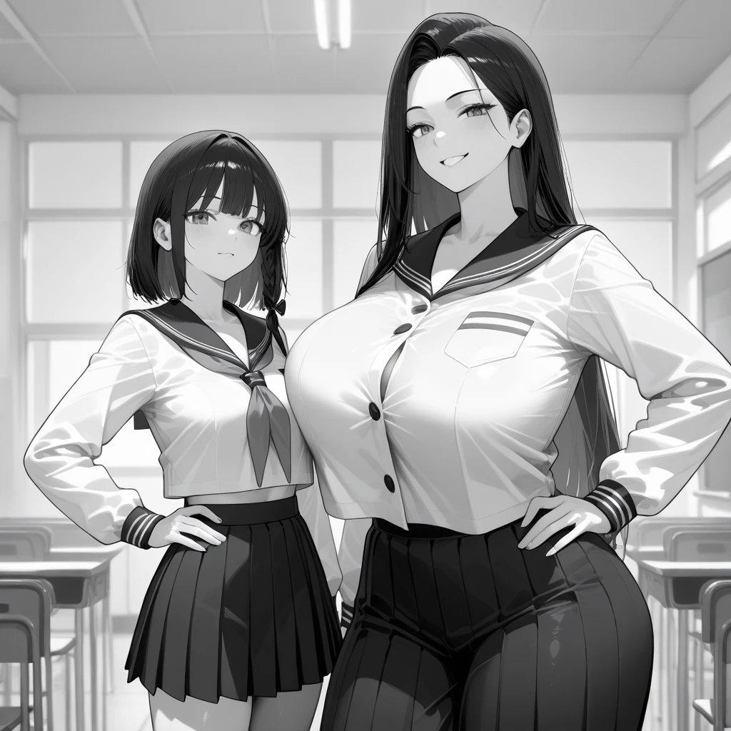 Top quality, beautiful face, beautiful eyes, female teacher, black hair, long hair, sharp eyes, huge breasts, curvaceous, narrow waist, big butt, white shirt with black short tight skirt, skirt lifted to show panties, see-through White panties, bewitching expressions, seductive, obscene gestures