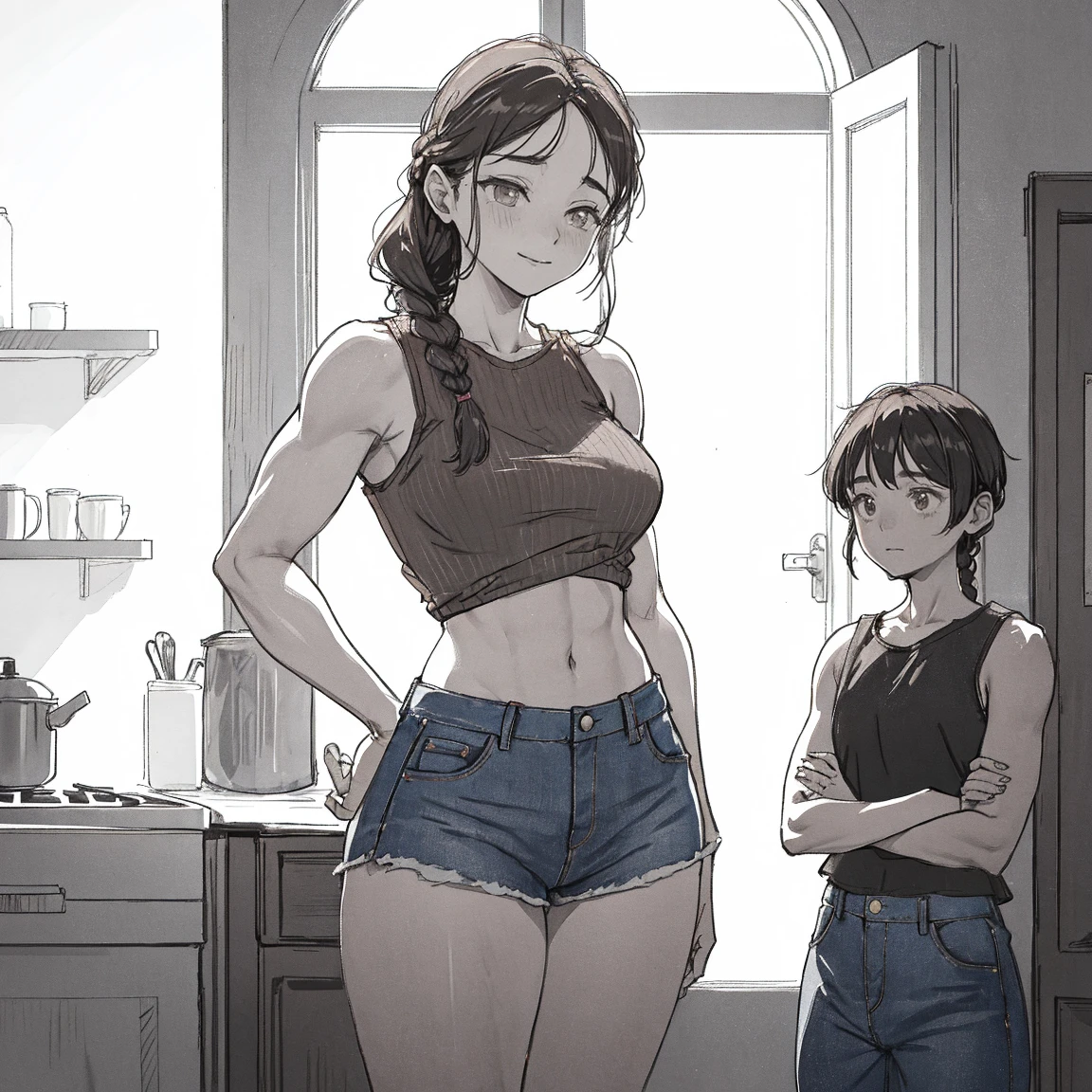 score_9, score_8, score_7, score_6, 3girls, abs, ahoge, back, bed, bedroom, bloomers, braid, covering privates, covering breasts, flexing, ironlily, long hair, multiple girls, original, sparkle, standing, stone wall, thick arms, toned, topless, twin braids, underwear, wall, ironlilyStyle