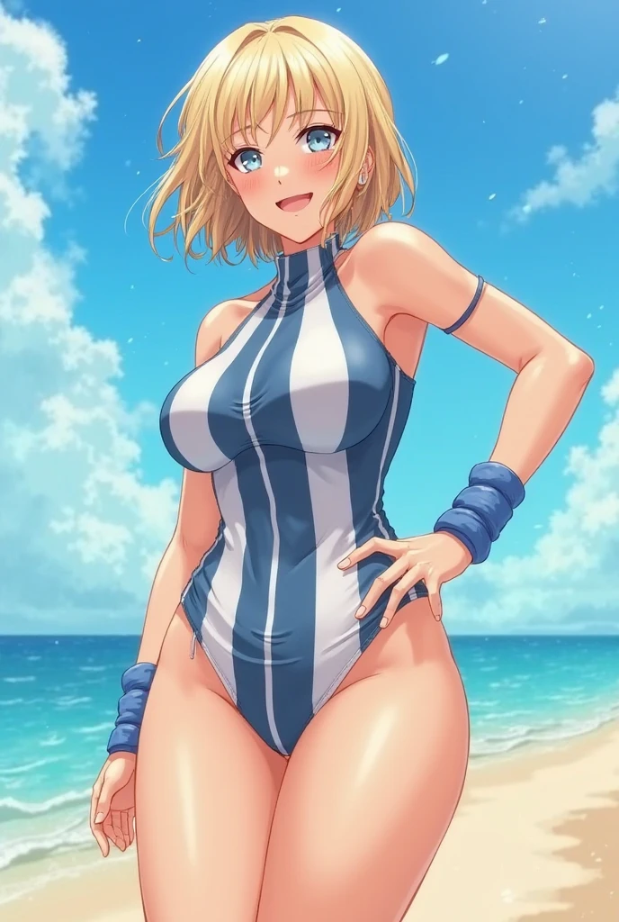 itsukisumeragi, itsuki sumeragi, short hair, blue eyes, solo, 1girl, swimsuit, red_one-piece_swimsuit, breasts, navel, blond_hair, outdoors, tongue, armpits, tongue_out, beach, medium breasts, red slingshot_swimsuit, short_hair, blush, ??????_slip, day, sitting, wet, ocean, ahegao, sky, covered_nipples, thighs, water, blue_eyes, arms_up, open_mouth, spread_legs, blue_sky, bangs, red one-piece_swimsuit, cloud, arms_behind_head, collarbone