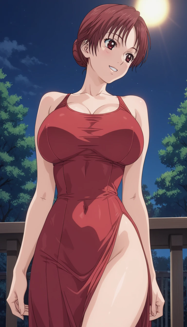 Masterpiece, stunning realistic, best quality, sharpness,highly detailed, 1 girl,sakura haruno,pink hair,green eyes,forehead mark,dunkelblaue raute auf der stirn,standing on a red bridge,pink trees in the background,sexy body,middle large breasts,arms behind head,braceletts,red dress,white pants,front view,full body