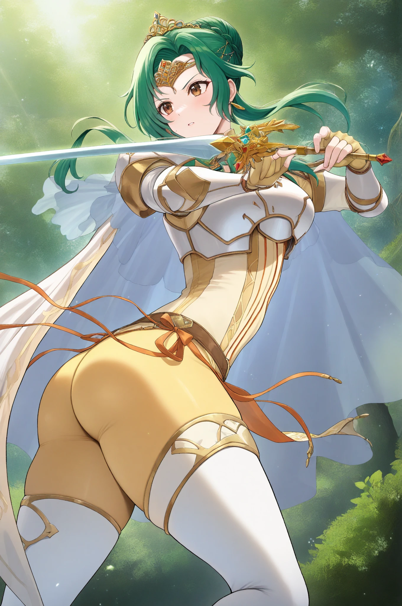 A gorgeous warrior woman of age30, full body shot, (from behind:1.4), skimpy armor, sword, toned abs, tanned skin, battle wounds with some blood, standing in flowery meadows, serene. Not overly muscular. Anime or Semi-Realistic style