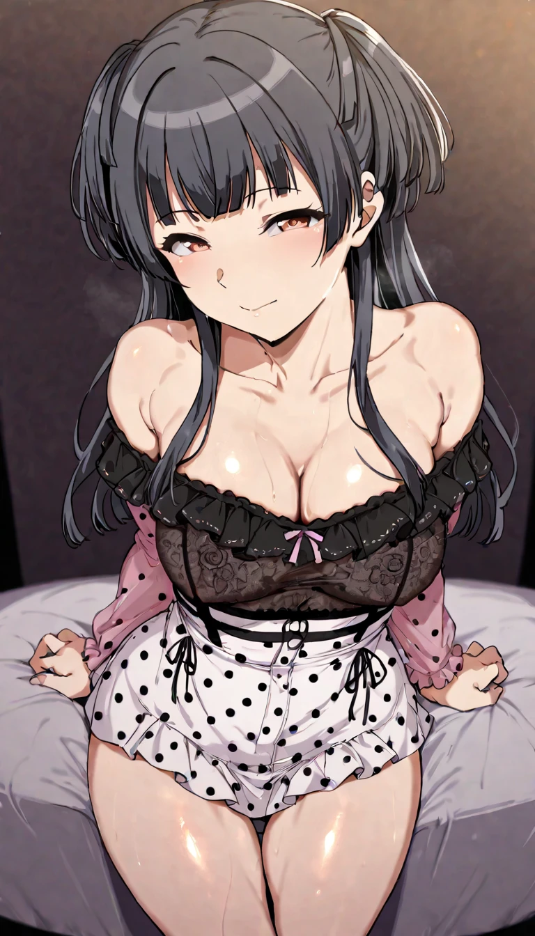 Married women、Mother and daughter、Married women、40 years old、Wet Hair、long hair、wedding ring、negligee、Bedroom、Dark Room、Highest quality, smile,, Big Ass、Big Breasts、Thighs、Lie on your back on the bed with your legs spread、Black panties、Big Ass、Sweaty ass、Sweaty crotch、negligeeをたくしあげて黒のブラが見える、Black bra、Low Angle、Poses that will bring you to the ultimate orgasm