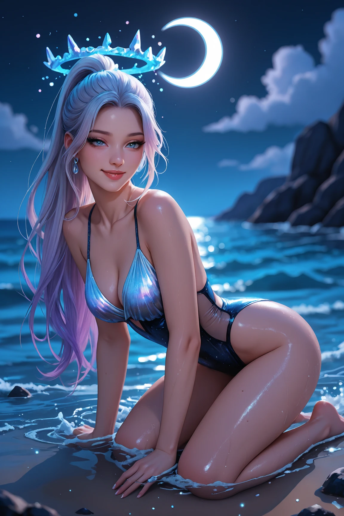 diamond heart, vibrant and captivating, sparkling in the blue ocean, beautiful and luminous (best quality, highres:1.2), ultra-detailed, realistic:1.37, with vivid colors, sharp focus, and exquisite lighting break ((from behind))