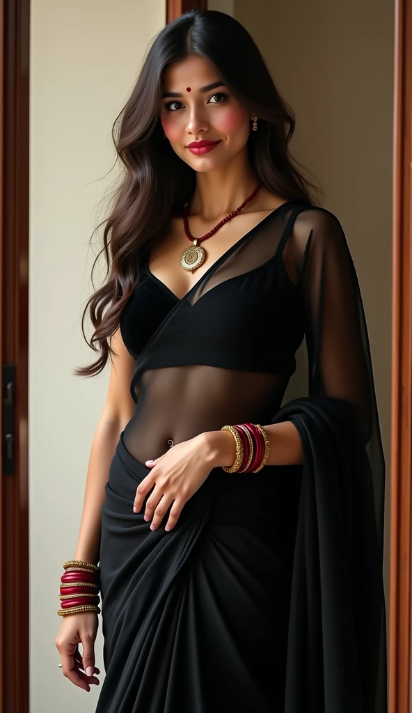A close up woman in black saree 