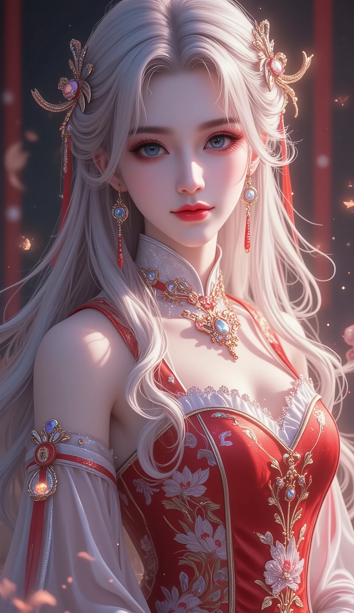 Voluptuous woman, gorgeous woman, mature woman, gradient hair, long hair, voluminous hair, aqua eyes, gentle smile, glossy lips, gothic, thick eyelash , platinum hair, red highlight, light hair, multicolored hair, colored inner hair, (red Mandarin gown dress, white trim), ember brooch, soft lighting, various iridescent foggy glitter effects, brilliant light and shadow, seamless, contrast, gradation effects, highly detailed, sharp focus and contrast, extremely clear image,