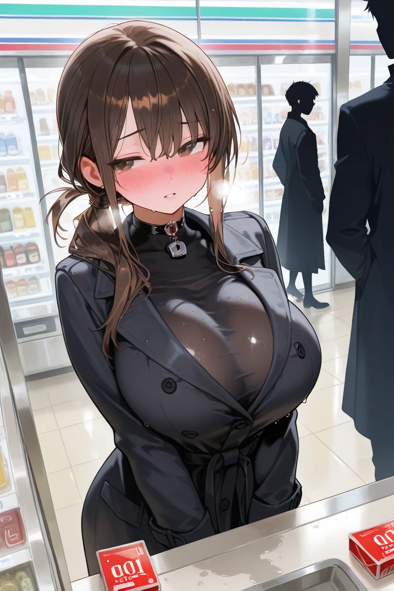 1girl,(Best quality at best, tmasterpiece:1.2), super high separation rate, actual, Frontlighting, Complicated details, Exquisitedetailsandtextures, (with sparkling eyes and a contagious smile),cute Face highlights, Best Quality, masutepiece, beautiful mature women、Beautiful face、Strong-minded woman、Office Suits、brown haired、Brown-eyed、Longhaire、Undersized eyes、Full body like、In front of a convenience store、outside of house、Eating popsicles,her thin pubic hair, looking at viewer,