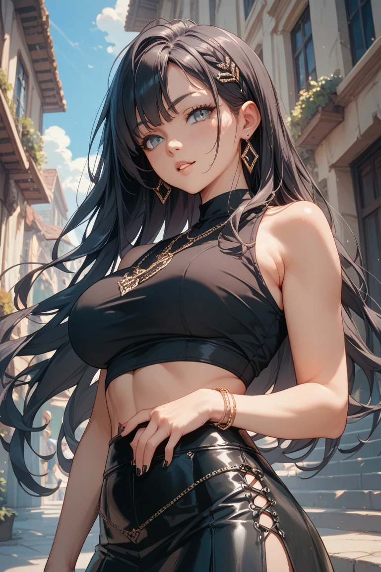 atmospheric scene, masterpiece, best quality, (detailed face, detail skin texture, ultra-detailed body), (cinematic light:1.1), , r0seb7rne-smf, solo, realistic, long hair, lips, yellow eyes, looking at viewer, black hair, upper body, smile, long white and black dress, big breasts, <lora:EMS-57900-EMS:0.800000>