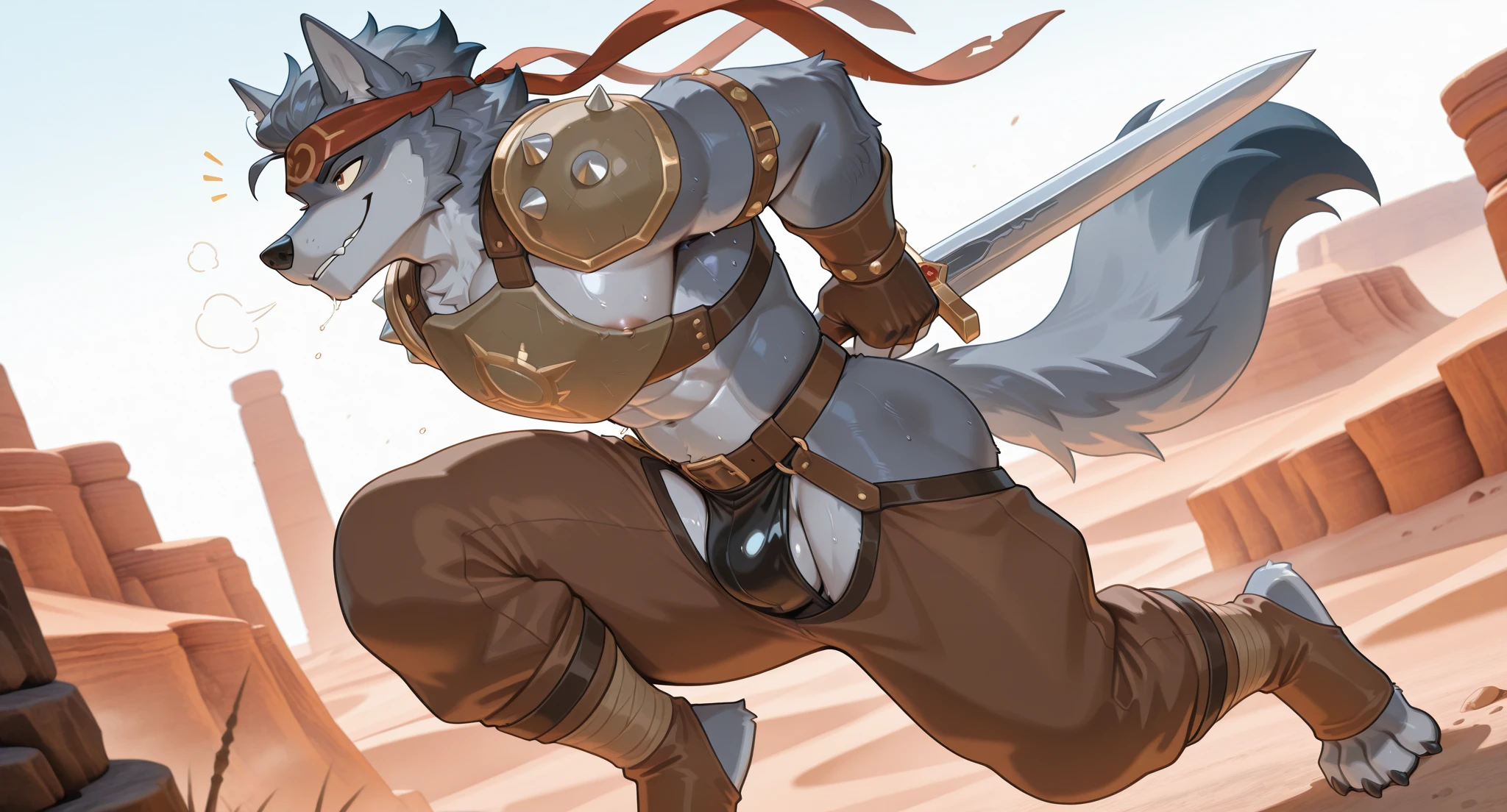 Solo Sexy young anthro furry wolf male mercenary medieval solider, slim endomorph muscular, anthro handsome gay shorter muzzle, handsome gay model male apperance, sword scars, worn out leather skimpy armament, low on hips heavy leather belt, old very worn out skimpy dirty linen material jockstrap, old yellow dirty worn out stains on white sawn jockstrap, very visible "x" brown seam pattern on the jockstrap, studded skimpy armlets breastplate armor, skimpy breastplate, leather bondages, fingerless leather gloves, smelly unwashed furr, dirty body look, desert battlefield, standing in sexy fighting position, close view of full character