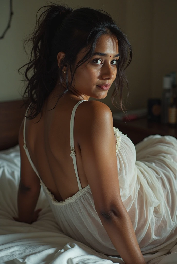 High Resolution, Masterpiece, High Quality, High Definition, young Indian woman lying on bed, wearing sexy lingerie, background bedroom