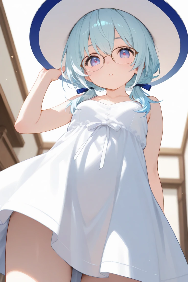 small breasted girl, short, elementary school student, blue hair, fishtail braid, blue eyes, round eyes, shy, shy, , short, young face, short height, , glasses with no edges,flat chest,night,park,walking,night, dark, lights out, moonlight,,her bra is visible, (a white bra:1.5),(skirt lift :1.6),panty shot,white panties