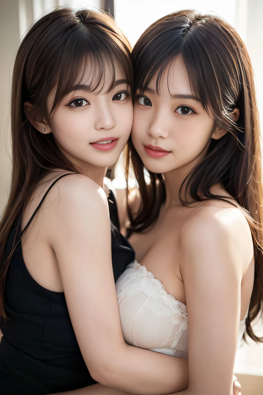 (Two Girls), Brown Hair, Great face and eyes, Pink Eyes, (expensive with wide open breasts:1.4), Beautiful big , Exposed breasts, (Amazingly beautiful girl), Brown Hair, (expensive , Pleated mini skirt:1.5), ((Highest quality)), (Super detailed), (Highly detailed CG synthesis 8k wallpaper), expensively detailed, expensive-definition raw color photos, Professional photography, (((Bokeh))), Depth of written boundary,