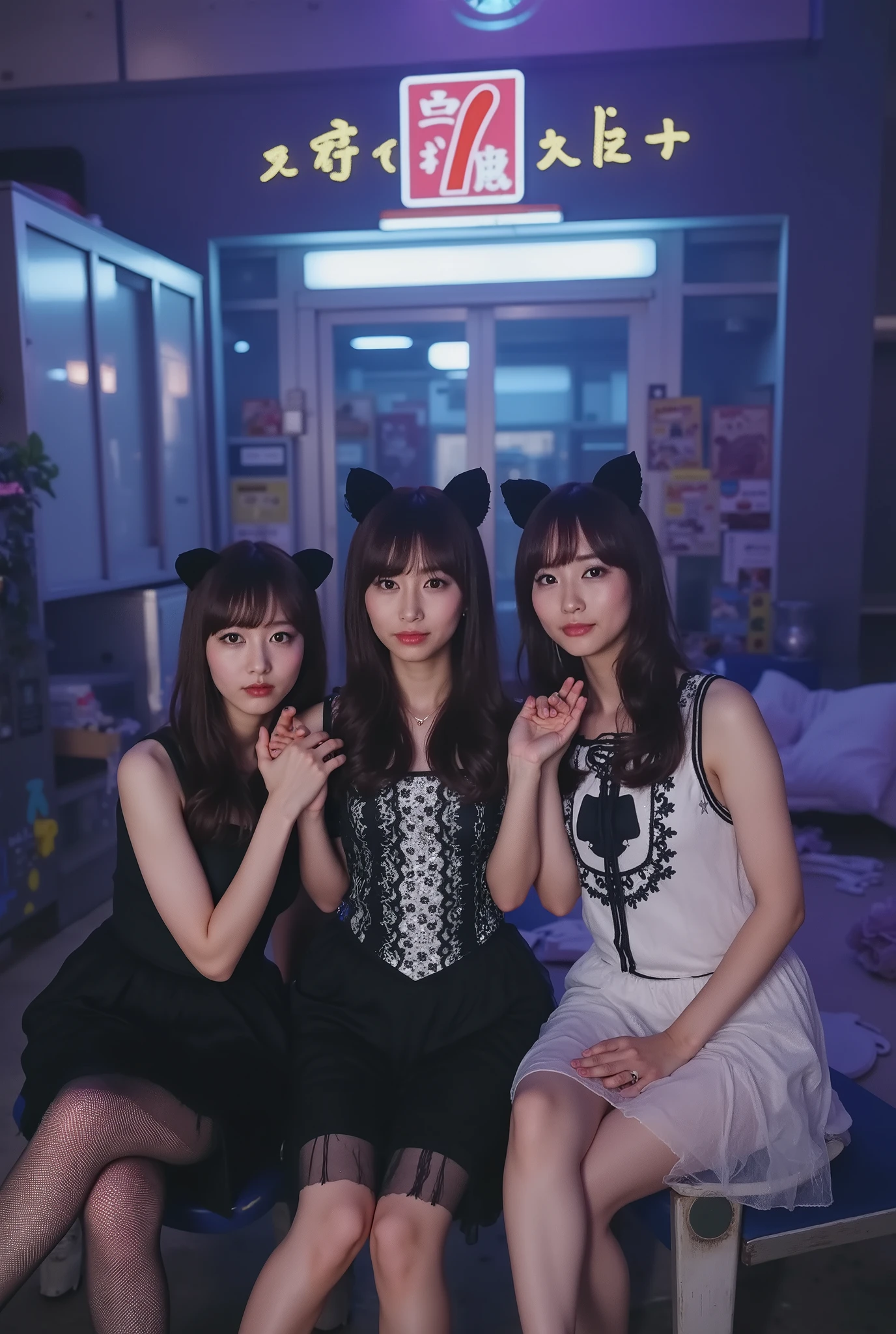 A stunning portrait of a Japanese female idol group, dressed in their signature costumes with playful cat ears. Their slender figures exude elegance as they pose in a dramatic PV scene. The backdrop is a midnight-lit 7-Eleven, its neon glow casting a cinematic contrast against the deep shadows. The lighting is intense and theatrical, emphasizing their expressive features and the mystique of the moment. The composition is dynamic, blending high-fashion aesthetics with a surreal urban atmosphere.