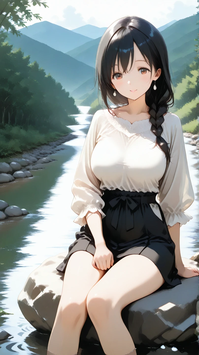 high-definition image, best quality, (round face), posing, eyes realistic sizing, drooping eyes, white casual clothes, straddling a stone bollard to hit her crotch, showing off her natural female body, big sky, mountains, in the forest, sunlight,