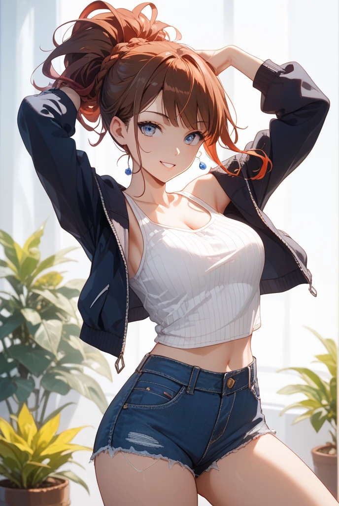 masutepiece, Best Quality, 1girl in, (Claire Redfield), Brown hair, (Yellow eyes:1.2),(Sleeveless knitwear)、((Denim miniskirt))、((Black thigh socks))、((Bedroom))、length hair、poneyTail、((embarassed expression))、((open the legs widely))、(Photo from below)、((Raise one leg))