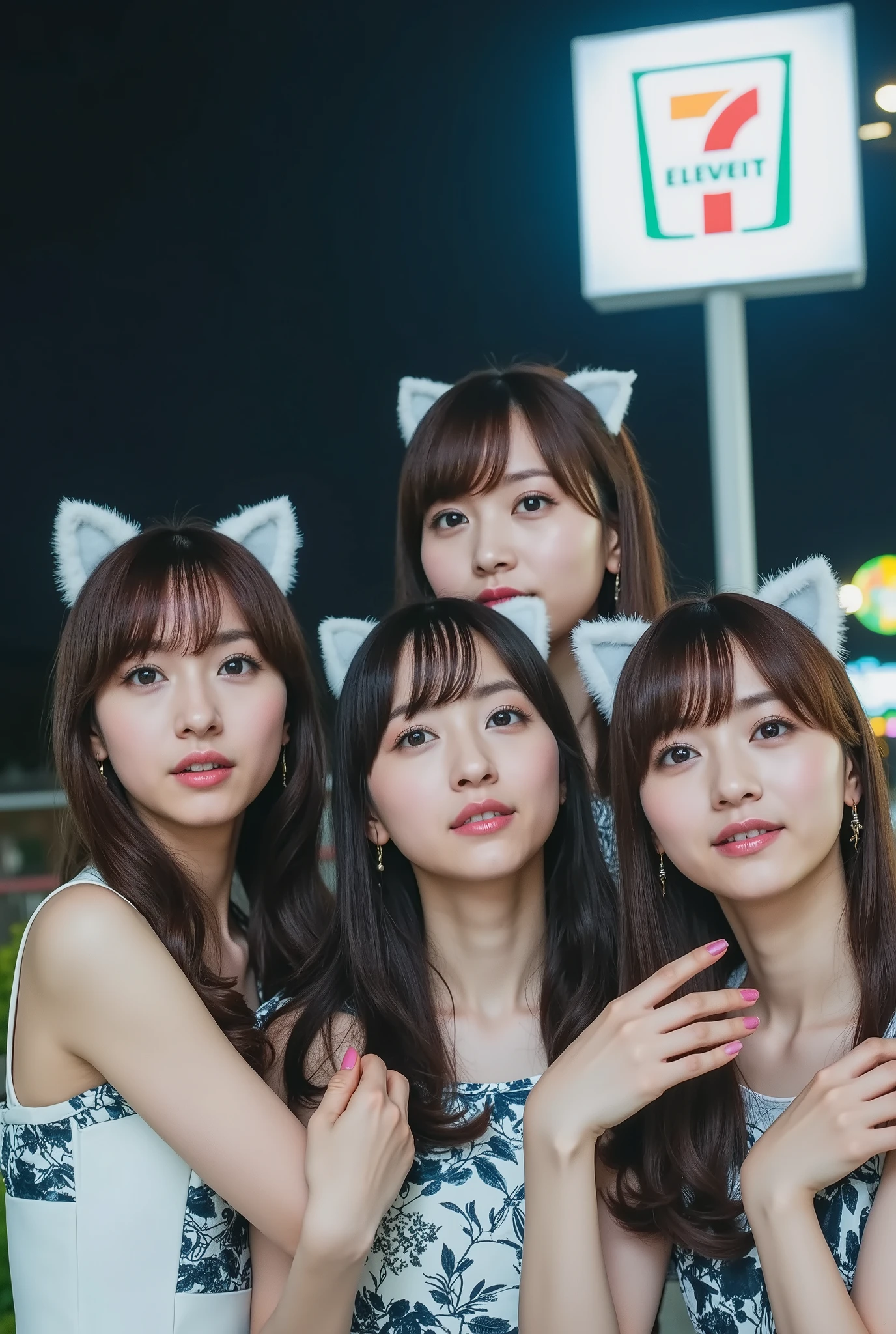 A breathtaking portrait of a Japanese female idol group, dressed in their signature costumes with playful cat ears. Their slender silhouettes radiate elegance as they perform in a dramatic PV scene. The backdrop is a midnight-lit 7-Eleven, its neon glow casting cinematic highlights and deep shadows. The iconic **7-Eleven logo** stands illuminated, adding a distinct urban atmosphere to the composition. The lighting is intense and theatrical, emphasizing their expressive features and the mystique of the moment. The contrast between the glowing signage and the dark surroundings enhances the surreal, dreamlike quality of the scene.