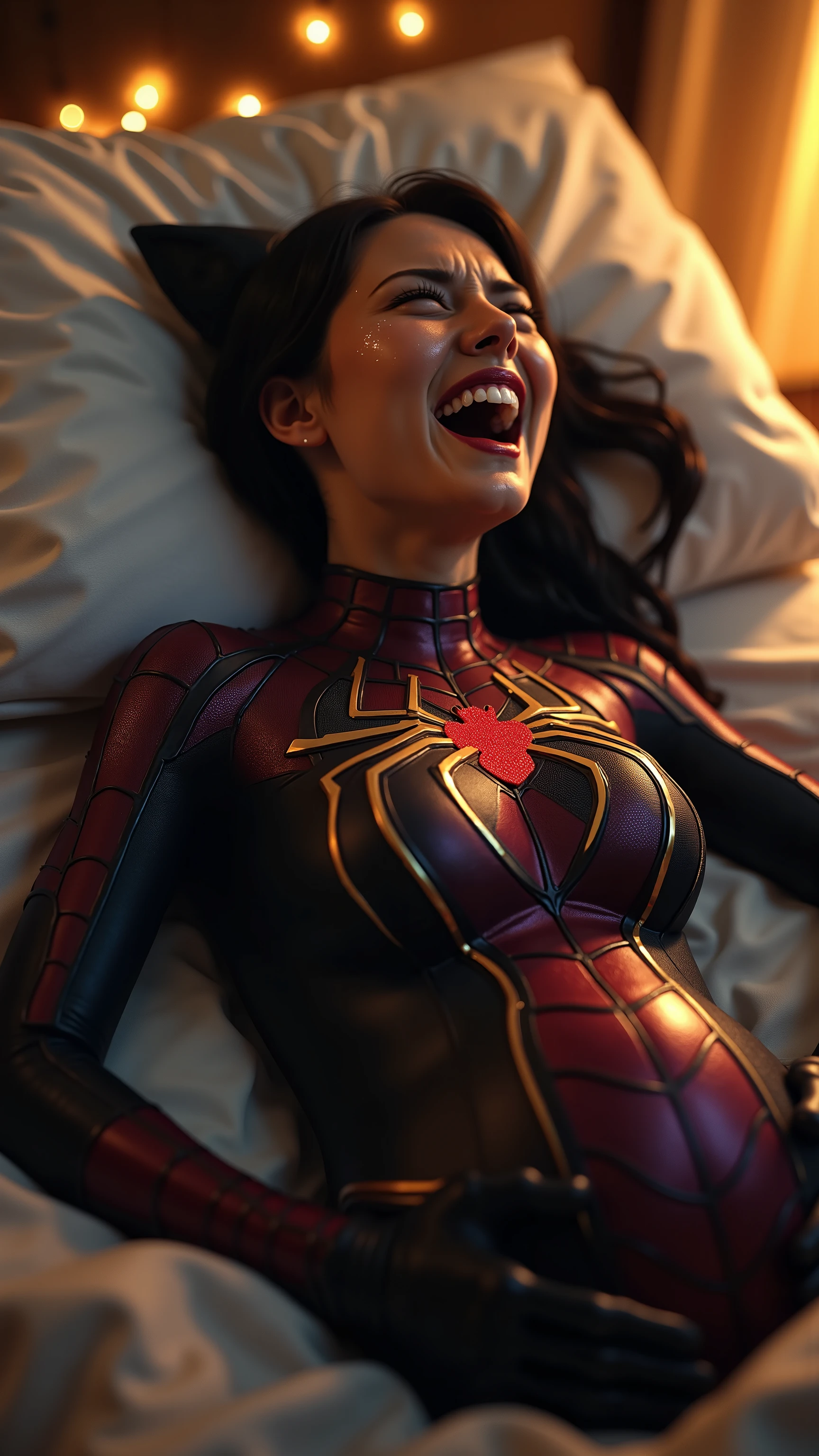 Spider-Man,Peter Parker,Spider-Man, Peter Parker, A hyper-realistic, cinematic close-up of Cat-Girl, mid-labor, mid-scream — the room glowing with soft golden fairy lights, yet vibrating with raw tension. She lies on a large bed, pillows kicked askew, sheets twisted beneath her. Her head is tilted back, mouth open wide in a cry that seems to split the frame. Her neck muscles are strained, teeth visible, nostrils flared. Her gloved hands clutch at the blanket, knuckles pale through the dark red material.
Her costume is a stylized version of her signature black-violet suit: now with reinforced gold armor tracing her upper chest, a deep-red spider emblem glowing like heat across her sternum. Her cat ears, jet-black and sleek, peek from her headband, untouched by the chaos. Her dark hair is pulled into a tight glossy ponytail, braided and perfect — even in this moment. A thin black tail extends from the back of her suit, curled beside her thigh. Every detail is controlled — except the pain.
Her pregnant belly is prominent, full and round, clearly visible beneath the tensioned fabric of her suit. It rises and falls rapidly, the center of her heaving body. Sweat rolls down her temples, mingling with glittering highlighter on her cheekbones. Her lips tremble between screams. Her mascara is slightly smudged, but her expression is powerful — not weak, not broken. She's a warrior in agony.
The lighting is intimate, domestic — warm bedside lamps, dim glow strings, shadows flickering along the wall like firelight. But her scream feels planetary. The room trembles with it.
In the foreground, just barely visible: Spider-Boy’s gloved hand reaching from off-frame, fingers trembling toward hers. His voice is calling her name — barely heard beneath her cry. A nurse rushes in. The world narrows.
This is the moment. She is not a girl. She is the storm.
Tags: superhero birth, cinematic agony, hyperreal portrait, powerful femininity, comic-book emotion, cat-girl in labor, visual scream, glossy suit drama