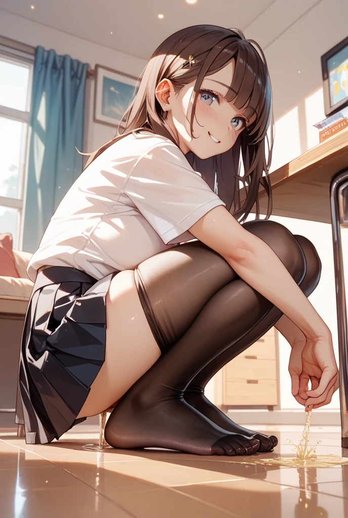 finest, masterpiece, High resolution, (Full body view from head to toe), front, frontやや下からの構図, symmetry, 18 year old tall girl, alone, (whole body from head to toe), (small breasts), Unkempt brown hair, bangs, (black tights), (black pantyhose), (sit with legs spread), (squatting pose), (Composition showing white panties), (her legs spread、I can see white panties.), (I was made to sit on the floor with my legs spread apart.), (M-shaped spread legs), thin legs, A very beautiful and tall 18 year old girl, (not wearing shoes), blush, shy big eyes, looking at camera, blazer uniform, plaid pleated skirt