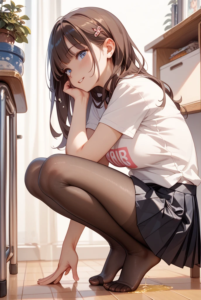 very cute and beautiful girl,(Very detailed美しい顔), (smile),blush,Black Hair,Seraphim,(White Shirt、Pleated navy blue pread your legs、Squat)、Sitting、(From below)、(Black tights、Lacy white panties), Country road, (Highest quality,masterpiece:1.0),Absurd,High resolution,Super detailed,Very detailed,32K,8k resolution, Intricate details,Movie Scenes,Detailed Background,alone,Dynamic Angle,