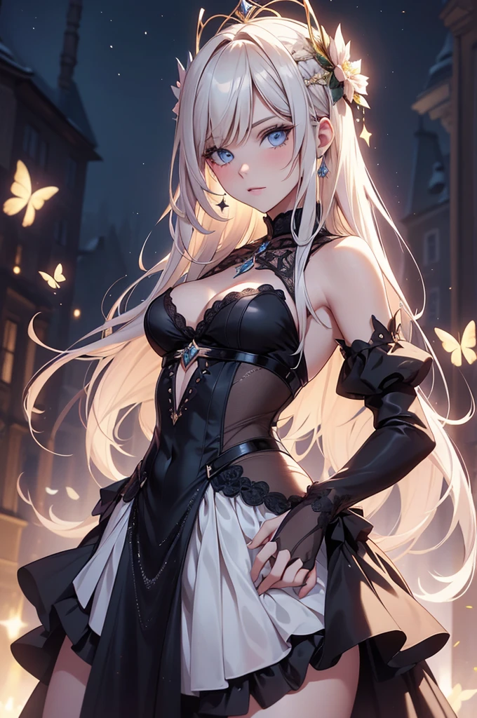 (Best Quality,4K,hight resolution,masutepiece:1.2),Ultra-detailed,Realistic,highly contrast,Halloween,人撮shadowy,Dark,Gothic,haunting,Expressive,Colored,Moody lighting,decoration,Elements of surrealism,Attention to detail,Impressive brushwork,striking contrast,creepy,Ethereal,ghosts,shadowy,Mysterious,MACABRO,Undeservedly beautiful,Unforgettable charm,persuasion,charmed,haunting,image of memories.((elegant shiny dress))、Lots of races、lots of ruffles、lots of ribbons、((( Clear backgrounds)))
