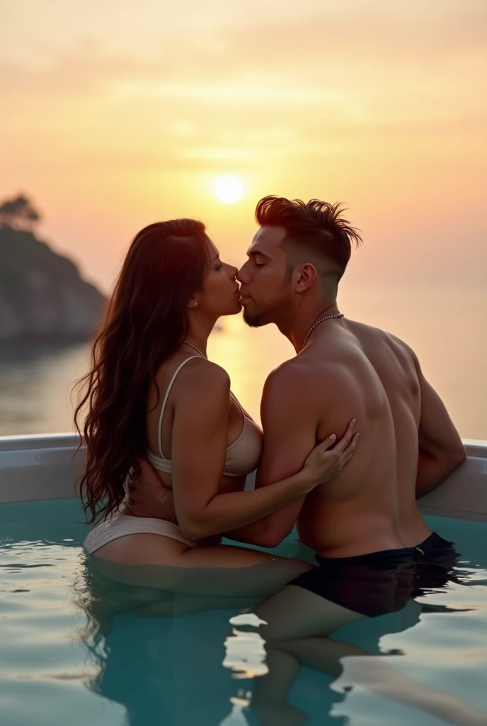 Two beautiful women with a man naked in the water sharing tongue kiss in an intimate moment in a tourist area of Santorini on a beautiful sunny day , image without editing errors, accurate character anatomy