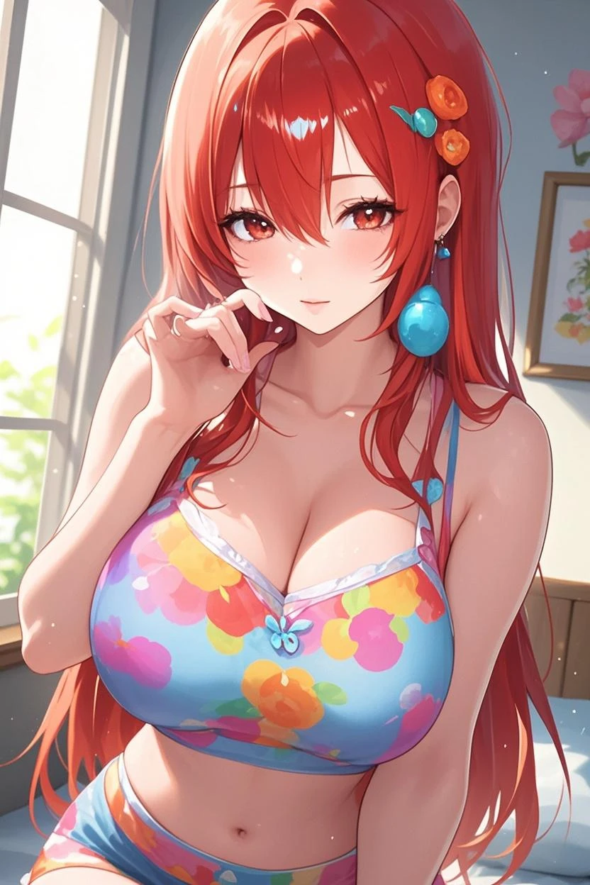(masterpiece:1.3), (best quality:1.2), an extremely detailed beautiful girl, (extremely detailed red long hair:1.1), (center parted bangs:1.1), extremely detailed beautiful face and blue eyes, huge breasts, cleavage, smile, closed mouth, upper body, (extremely detailed blue peony flowers print bra:1.1), flower hair ornament,