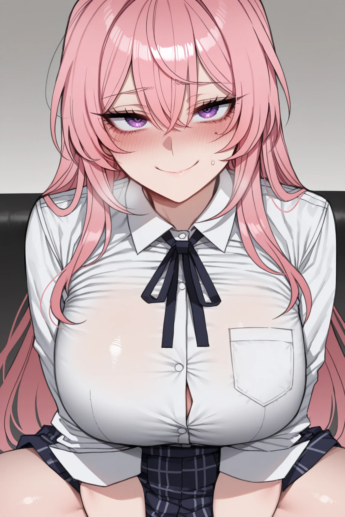(masterpiece,highest quality, detailed), One girl, alone, indoor, night, Upper Body, Sweat, Ahegao, Roll your eyes, blush, naked、Pink Hair,Messy wavy long hair,open chest white shirt、A tight-fitting shirt、Black flared skirt、Big Breasts