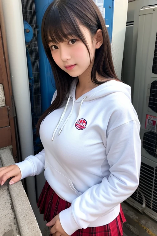 high school girl, Short Hair, Short sleeve hoodie, Clothes with short sleeves, White clothes, Open the front, Big Breasts, Breast flash, cute, beautiful girl, Correct Anatomy, Ultra-high resolution, RAW Photos, Detailed face, cute顔, Lady, Japanese, smile
