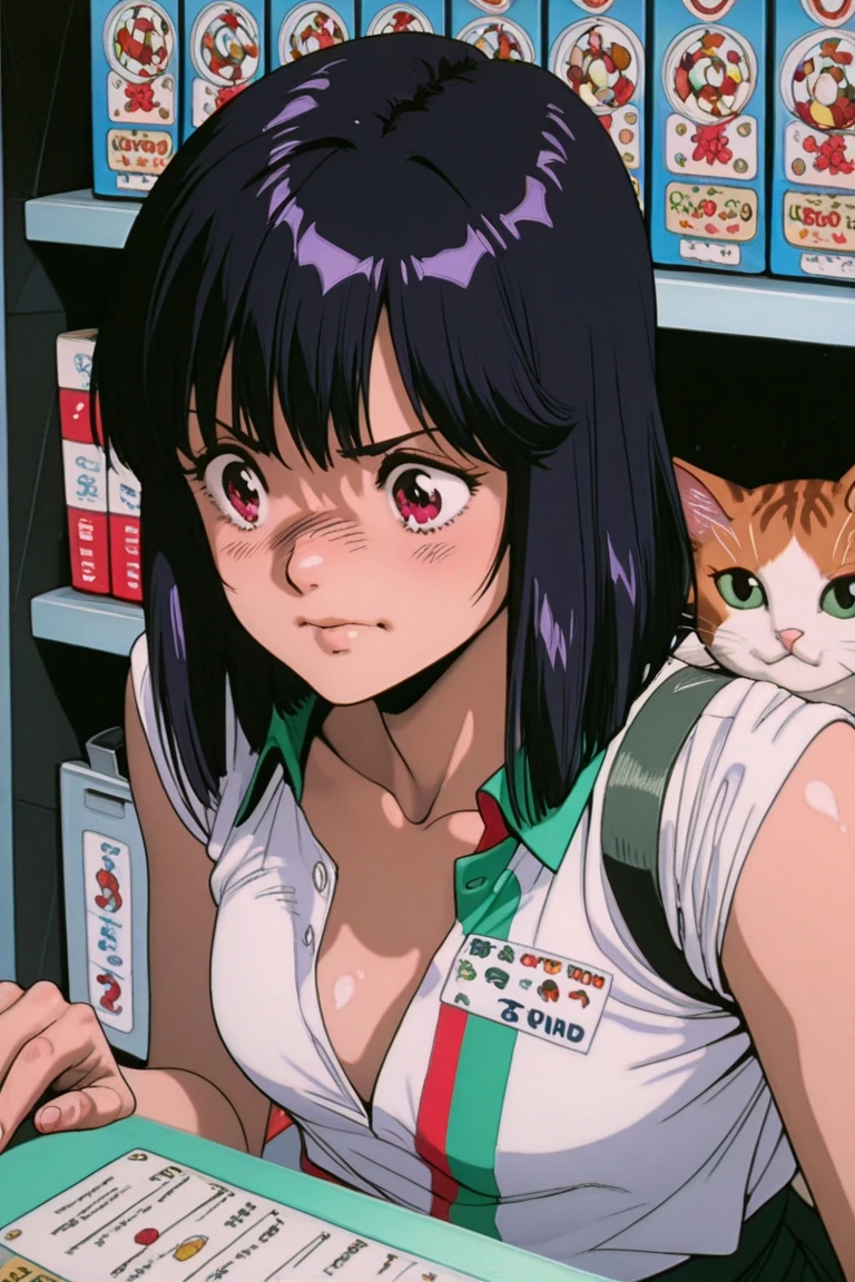 <lora:retro3:1>, muted pastel colors, retro anime, 1990s anime, 1980s anime, brush strokes,
1girl, animal ears, bangs, bare shoulders, cat ears, cat girl, character name, closed mouth, coat, doctor, green eyes, green shirt, holding, holding syringe, jewelry, labcoat, long sleeves, medium hair, open clothes, open coat, ring, shigeru do dai ga cha, shirt, solo, syringe, watch, white coat, white hair