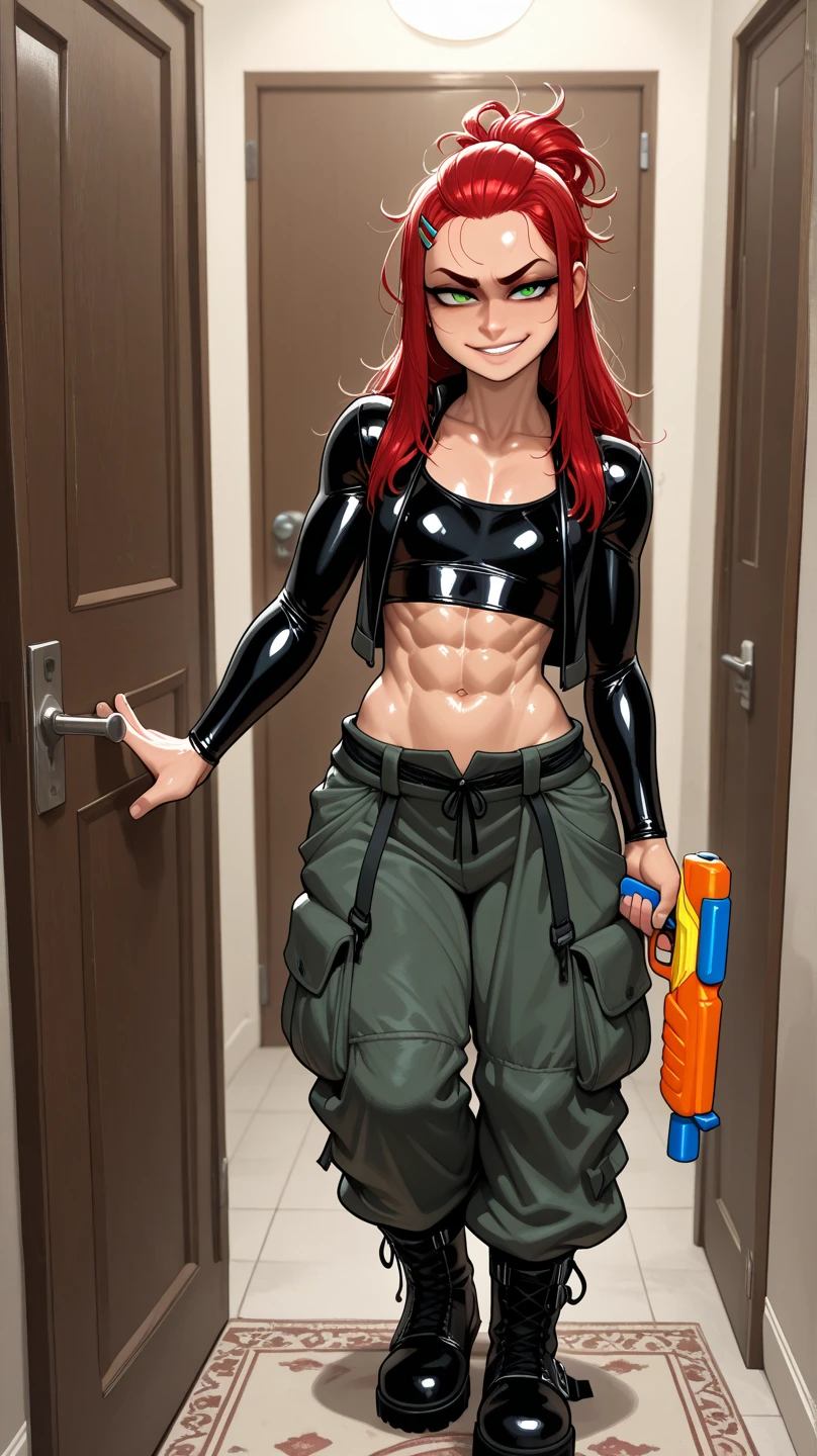 Wendy Corduroy, BREAK: long straight reddish brown hair, fitted_open_green_flannel over shirt (3/4 cropped), tight_white sports bra under shirt, (midriff showing) , skin-tight jeans, (thigh cutout) , loose leather work boots, BREAK: slim and toned build, small bust, strong glutes, strong shoulders, crooked smile, freckles, green eyes, BREAK: holding wood axe, action poses, BREAK: full length portrait, wide angle, mystic forest setting, energy pouring off her body, BREAK: 16, absurdres, masterpiece, best quality, digital art, strong shadows, detailed face, accurate hands, ((perfect hands)), correct ???????, strong_negative
