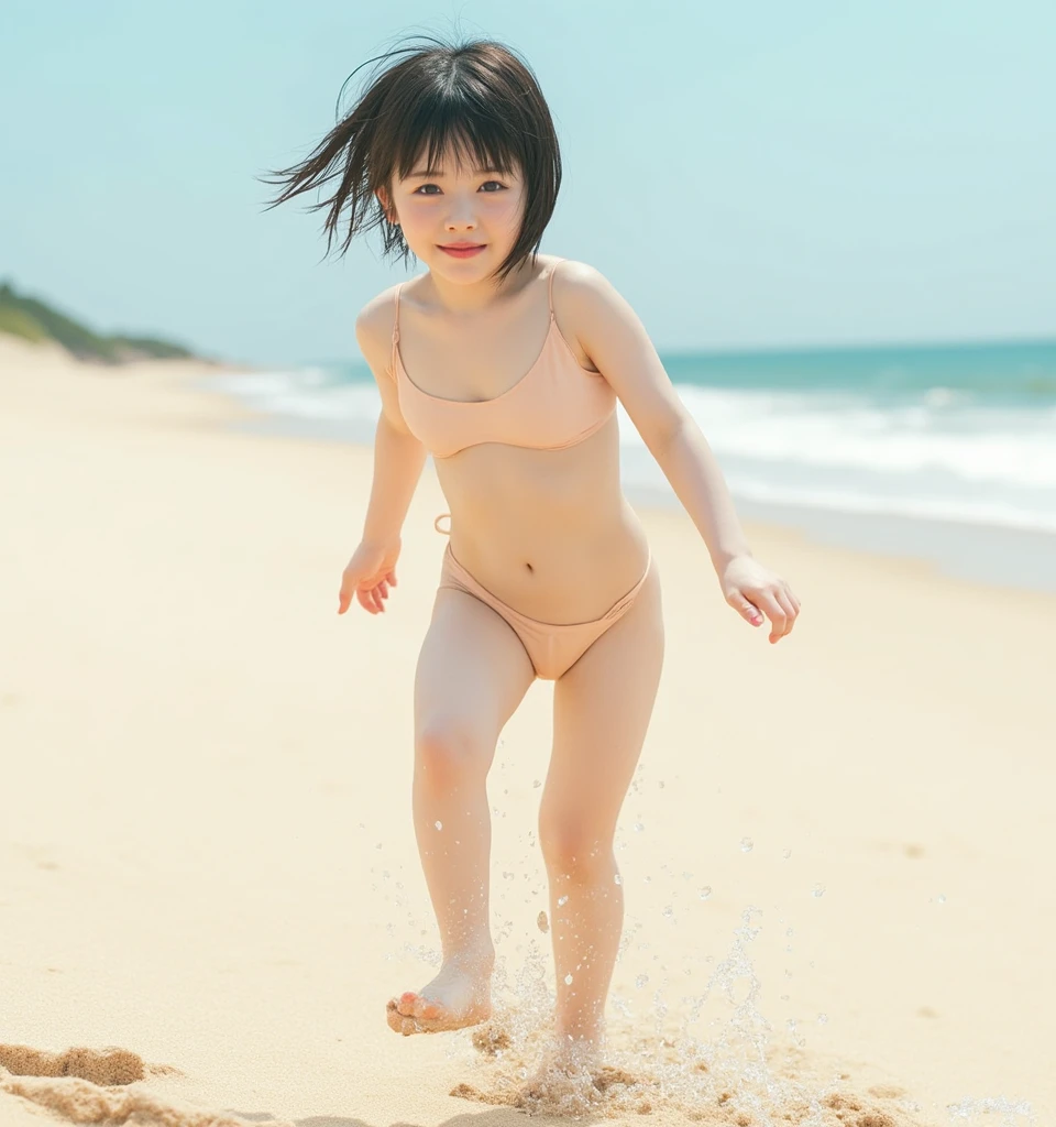 Little girl on top,Looking down,from below,White light panties,Flat sandals,sitting on the classroom desk,Crotch view,Mocking expressions,Smiling,White light bandeau,Large angle upward view,Sky background or ceiling background