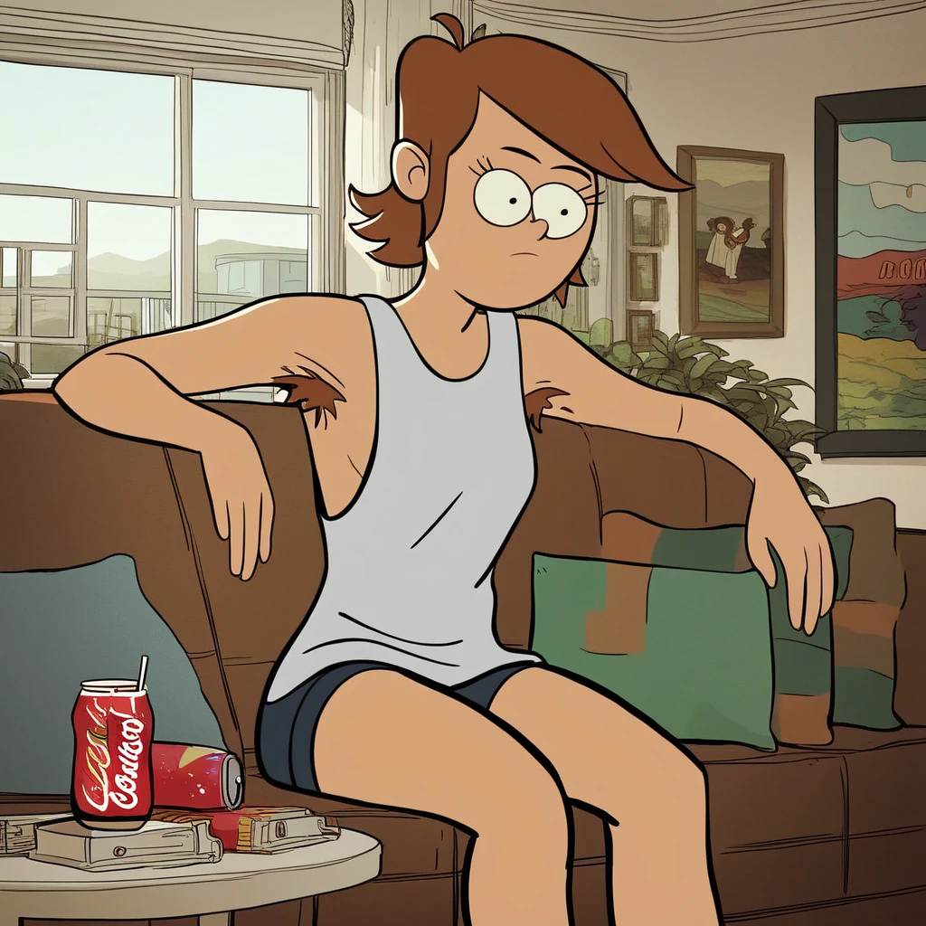 shaggy rogers, tank top, inside, sitting, bottomless, legs together, long penis, eyes open, front view, masturbating, hand stroking penis, sitting on mirror, legs spread apart, squirting,